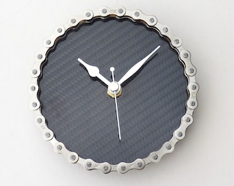 C3: Bike chain wall or desk clock real carbon fiber fibre guys mans office workshop cycling MTB BMX road cyclist biker gift silver & black