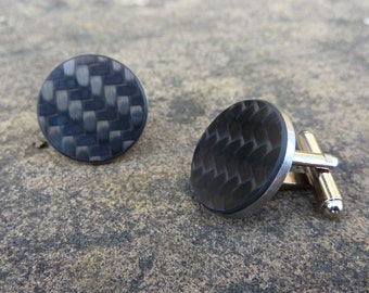 CL9: Real carbon fiber black & silver stainless steel cufflinks - Carbon fibre Formula 1 motorsport racing design guys mens car driving gift