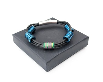BR9: Chunky twisted leather cord, titanium & stainless steel bracelet bangle racecar unisex guys mans jewellery blue black rainbow bead gift