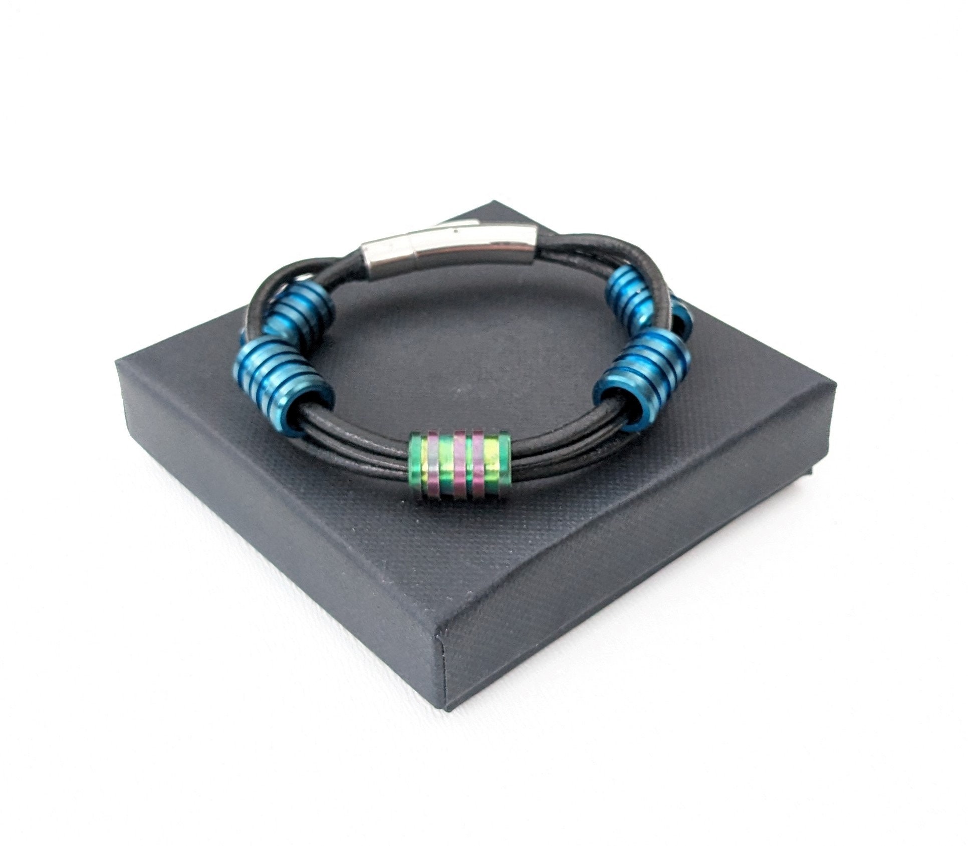 BR9: Chunky twisted leather cord, titanium & stainless steel bracelet bangle racecar unisex guys mans jewellery blue black rainbow bead gift