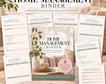 Puede incluir: Una colección imprimible de carpetas de gestión del hogar con ocho páginas organizadas. La portada muestra el texto Home Management Binder, A thoughtful home system that works for real life, y 8 beautifully organized printable pages.