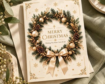 Puede incluir: Una tarjeta de felicitación navideña color crema con una corona central de ramas de pino verdes, adornos dorados y piñas. Un gran lazo de satén se sitúa en la parte inferior. El texto dice Merry Christmas y Wishing You Peace, Love & Joy.