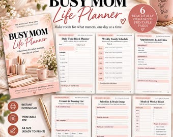 Puede incluir: Una colección imprimible Busy Mom Life Planner con seis páginas organizadas que incluyen un planificador diario, horario familiar semanal, citas y actividades, lista de recados, prioridades y un planificador de comidas semanal.