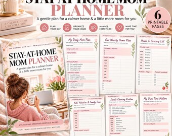 Puede incluir: Una colección imprimible de planificador para madres que se quedan en casa con seis páginas que incluyen plan diario, semanal, lista de compras, actividades infantiles, rutina de limpieza y seguimiento de tiempo personal.