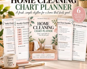 Puede incluir: Un planificador de limpieza del hogar con seis páginas imprimibles que incluyen listas de tareas diarias, semanales y profundas. La portada muestra una cesta de mimbre, una planta y el texto: Home Cleaning Chart Planner, A fresh, simple rhythm for a home that feels good, Clean, Reset, Repeat, Print, Plan, Make Space for What Matters.