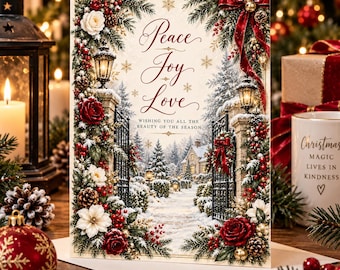 Puede incluir: Una tarjeta de felicitación navideña rectangular con el texto Peace Joy Love y Wishing you all the beauty of the season. El diseño muestra un camino de jardín nevado enmarcado por pilares de piedra, puertas de hierro, rosas y ramas de pino.