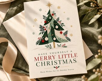 Puede incluir: Una tarjeta de felicitación de color crema con un árbol de Navidad verde estilizado decorado con adornos rojos y blancos, estrellas doradas y copos de nieve. El texto dice: HAVE YOURSELF A MERRY LITTLE CHRISTMAS, Warm Wishes for the Holiday Season.