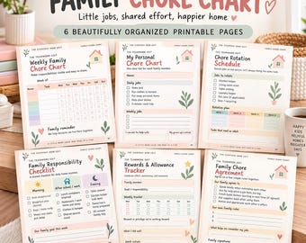 Puede incluir: Un conjunto de seis páginas imprimibles tituladas Family Chore Chart, que incluyen secciones para tablas de tareas semanales, tablas de tareas personales, horarios de rotación, listas de verificación de responsabilidades y rastreadores de recompensas.