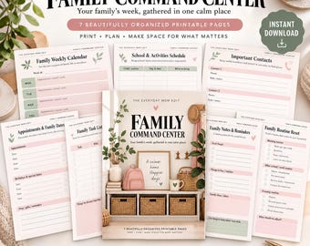 Puede incluir: Un conjunto de siete páginas imprimibles Family Command Center que incluyen calendario semanal, horario escolar, lista de contactos, lista de tareas y planificador de rutinas con detalles en rosa y verde sobre papel blanco.