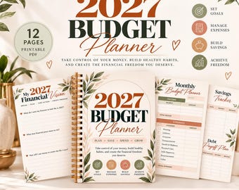 Puede incluir: Un planificador de presupuesto 2027 con encuadernación en espiral, cubierta color crema con ilustraciones botánicas, el texto 2027 BUDGET Planner y secciones para visión financiera, presupuesto mensual, ahorros y plan de pago de deudas.