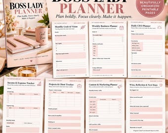 Puede incluir: Una colección imprimible Boss Lady Planner con siete páginas en tonos rosa suave. Las páginas incluyen objetivos mensuales, planificador semanal y diario, seguimiento de ingresos y gastos, proyectos y clientes, planificación de contenido y marketing, y una sección de reflexiones.