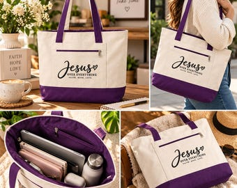 Jesus Over Everything Christian Zippered Canvas Tote