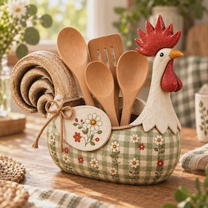 Puede incluir: Un soporte para utensilios de cocina con forma de gallo, con un patrón de cuadros vichy verde y blanco y margaritas pintadas. El recipiente de cerámica contiene tres utensilios de madera, incluyendo dos cucharas y una espumadera, con un lazo de yute.