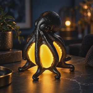 May include: A black octopus-shaped lamp with a textured, matte finish. The tentacles curve downwards to form a base, while the centre of the body glows with a warm, soft yellow light, illuminating the space between the dark, sculpted arms.