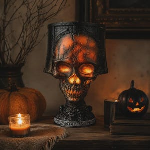 Könnte beinhalten: Eine schwarze Tischlampe mit einem zentralen Totenkopf-Design und einer texturierten, rissigen Oberfläche. Der Totenkopf wird von innen beleuchtet und strahlt ein warmes orangefarbenes Licht durch die Augenhöhlen und die Nasenöffnung aus.