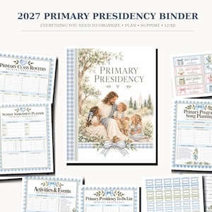 Peut inclure: Un ensemble de classeur 2027 Primary Presidency comprenant une collection de pages imprimables. La couverture présente une illustration avec des enfants, des bordures à carreaux bleus et des motifs floraux. Inclut des planificateurs et des étiquettes.