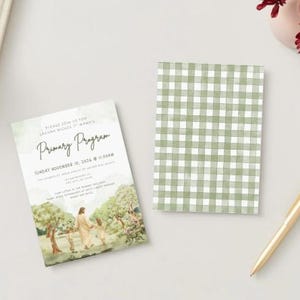 May include: A rectangular invitation card featuring a watercolor illustration of a figure walking with children in a landscape, with text reading Primary Program, Sunday November 10, 2026, and a matching card with a green and white gingham pattern.