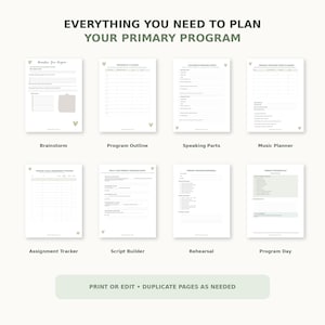 以下が含まれることがあります： EVERYTHING YOU NEED TO PLAN YOUR PRIMARY PROGRAMと題された8枚の白い計画シートのセット。各ページには黒いテキスト、線、表、小さな緑色のハートのアイコンが配置されています。PRINT OR EDIT &bull; DUPLICATE PAGES AS NEEDEDというテキストが含まれています。