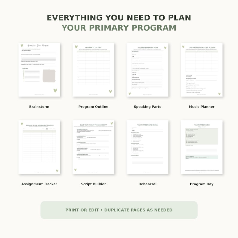 以下が含まれることがあります： EVERYTHING YOU NEED TO PLAN YOUR PRIMARY PROGRAMと題された8枚の白い計画シートのセット。各ページには黒いテキスト、線、表、小さな緑色のハートのアイコンが配置されています。PRINT OR EDIT &bull; DUPLICATE PAGES AS NEEDEDというテキストが含まれています。