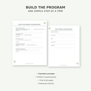 以下が含まれることがあります： BUILD YOUR PRIMARY PROGRAM SCRIPTおよびFINAL PRIMARY PROGRAM SCRIPTと題された2枚の白い印刷可能なプランナーページ。ページには薄緑色のハートのアクセント、子供のセリフ用の記入欄、および移行のプロンプトが含まれています。