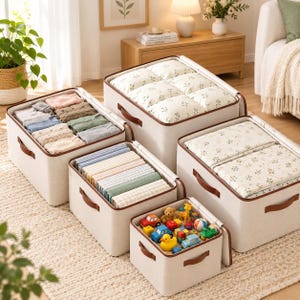 May include: A set of five beige fabric storage bins with brown faux leather handles. The bins contain folded clothing, patterned textiles, and colorful plastic toys. The containers are rectangular and square, featuring reinforced edges and open tops.