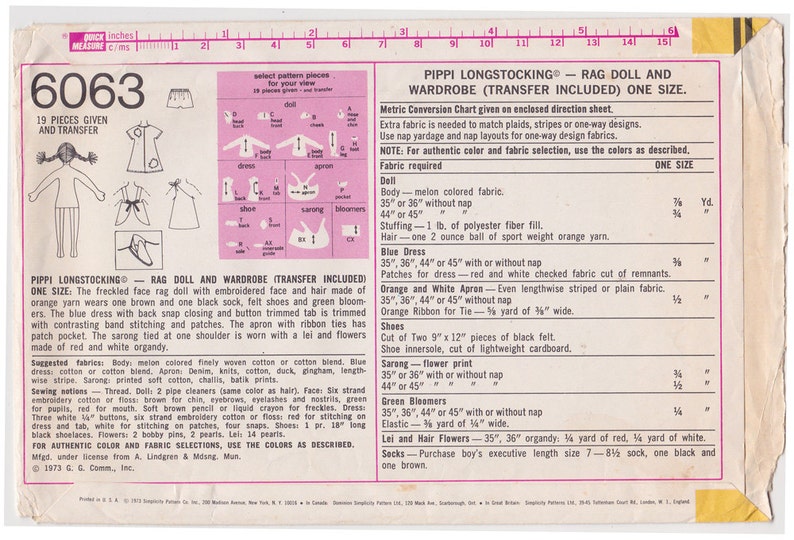 Vintage Toy UNCUT Original FF Simplicity 6063 1970s Pippi Longstocking Rag Doll Pattern Doll Wardrobe Sewing Pattern