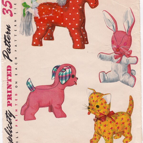 1950s Simplicity 4915 Stuffed Toys Pattern Horse Bunny Dog Cat Vintage Stuffed Animals Sewing Pattern, Craft Pattern, Partly Cut