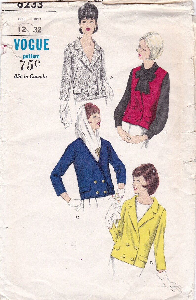60er Jahre Mode Doppelt Zweireiher Jacke Schnittmuster Gr U00f6 U00dfe 12 Teilweise Komplett Geschnitten B U00fcste 32 Jahrgang 1960 Vogue 6233 Muster Material Werkzeug Nahen Textilien