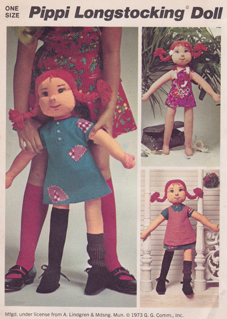 Vintage Toy UNCUT Original FF Simplicity 6063 1970s Pippi Longstocking Rag Doll Pattern Doll Wardrobe Sewing Pattern