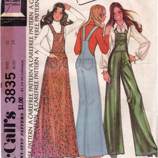 Vintage 1970s McCalls 3835 Misses Overalls and Jumper Sewing Pattern, BOHO Maxi Dress Pattern, Plus Size 16, Bust 38, Cut