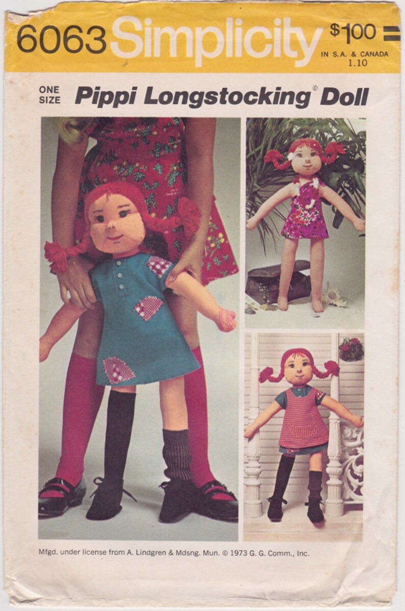 Vintage Toy UNCUT Original FF Simplicity 6063 1970s Pippi Longstocking Rag Doll Pattern Doll Wardrobe Sewing Pattern