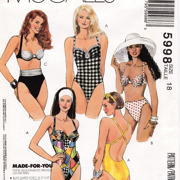 FF 90s Plus Size Swimsuits One & Two Piece High Waist Shoulder Straps Women's Vintage Sewing Pattern, McCalls 5998, Size 18, Bust 40 UNCUT