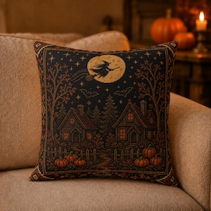 May include: A square throw pillow featuring a dark navy background with a woven scene of two houses, a picket fence, and pumpkins. A silhouette of a witch on a broomstick flies across a large yellow moon above trees, stars, and bats.