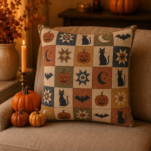 May include: A square throw pillow featuring a patchwork design with alternating squares. The pattern includes illustrations of orange jack-o'-lanterns, black cats, dark bats, crescent moons, and geometric star motifs in shades of orange, blue, and tan.