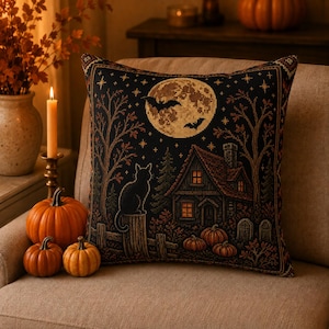 May include: A square throw pillow featuring a woven tapestry design of a black cat sitting on a fence post, a house with glowing windows, pumpkins, and a large full moon with bats in the night sky, all set against a dark background.