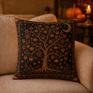 May include: A square throw pillow featuring a black background with a woven design of a tree with orange pumpkins as fruit, surrounded by autumn-colored leaves, small stars, and a crescent moon, all enclosed within a decorative border pattern.