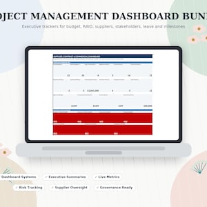 Könnte beinhalten: Ein Laptop-Bildschirm zeigt ein Projektmanagement-Dashboard-Paket mit einem Lieferanten-, Vertrags- und Handels-Dashboard. Die Benutzeroberfläche enthält numerische Daten, Finanzzahlen in Pfund und rote Statusleisten für Gesundheitsmetriken.