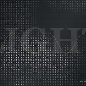 May include: A dark gray digital graphic featuring a grid of letters with a central circular highlight. The word LIGHT is overlaid in large, semi-transparent letters. A thin, golden sine wave line curves horizontally across the center of the image.