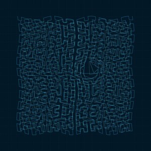 May include: A square graphic design featuring a complex, interconnected maze pattern in light blue lines against a dark blue background. The intricate, geometric labyrinth structure fills the entire square, creating a dense, repeating network of paths.
