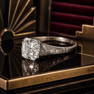 Puede incluir: Un anillo de tono plateado con una gran piedra central de corte cuadrado y facetas en escalera. La banda presenta un trabajo de metal intrincado con pequeñas piedras redondas incrustadas a lo largo de los hombros en un diseño triangular.