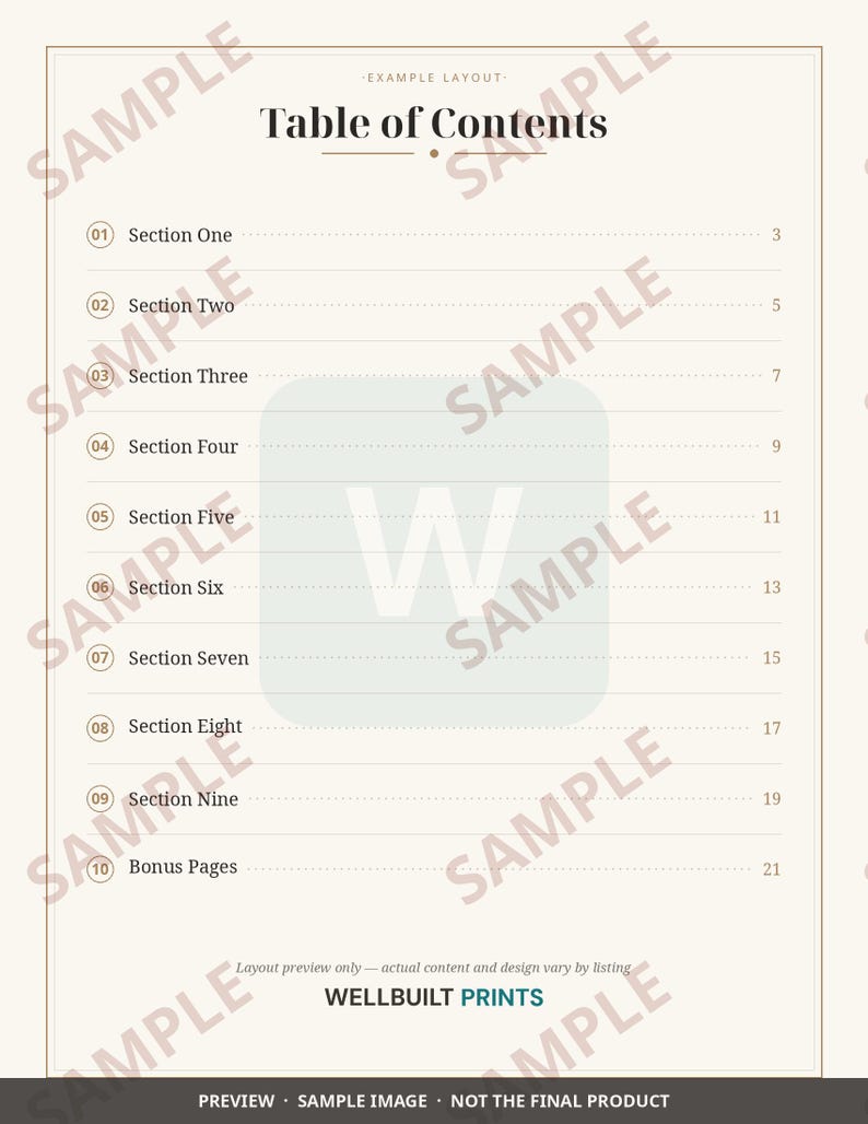 K&ouml;nnte beinhalten: Ein cremefarbenes Inhaltsverzeichnis-Seitenlayout mit dem Text Table of Contents oben, gefolgt von einer nummerierten Liste von 01 bis 10 mit entsprechenden Abschnittstiteln und Seitenzahlen. Unten steht der Text WELLBUILT PRINTS.