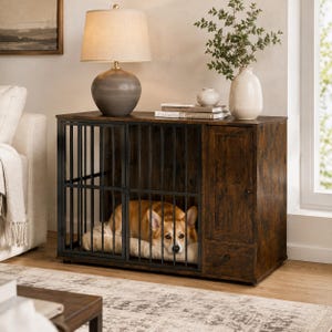 Rustic Brown Dog Crate End Table, Pull-Out Feeder, Storage Cabinet, Small Medium Dogs