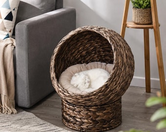 Handwoven Water Hyacinth Elevated Cat Bed, Rotating Wicker Egg Chair with Cushion, Boho Pet