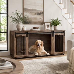 May include: A wooden dog crate furniture piece with a brown finish, featuring two sliding barn-style doors with black metal bars and a central open compartment. A golden retriever is lying inside the central section of the console table.