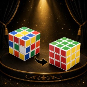 May include: Two 3x3 cube puzzles with white plastic frames. The left cube is partially scrambled with mixed red, blue, green, yellow, and white squares. The right cube is solved with solid coloured faces. A black arrow points from the left to the right.