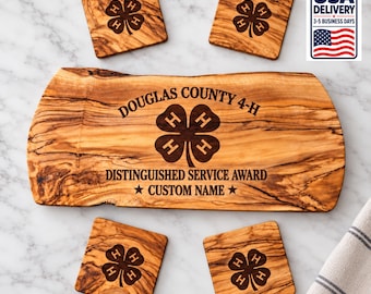 Premio di servizio 4-H personalizzato, tavoletta in legno d'ulivo incisa con sottobicchieri, regalo di ringraziamento personalizzato per i responsabili e i volontari del 4-H.