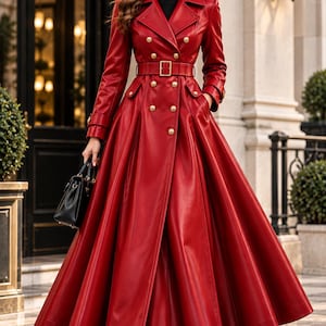 Red Leather Trench Coat, Full-Length Double-Breasted Belted Outerwear
