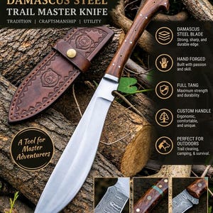 May include: A hand forged Damascus steel trail master knife with a wooden handle and a brown leather sheath featuring bear engravings. The knife has a full tang construction and a distinct patterned blade. Text includes Hand Forged Damascus Steel.