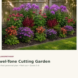 May include: A garden bed featuring a variety of perennial flowers in shades of purple, red, and orange. The plants are arranged in a 4 x 8-foot area with text reading PETALANDPATHWAY Jewel-Tone Cutting Garden, 4 x 8-foot perennial plan, Part sun, Zones 5-8.