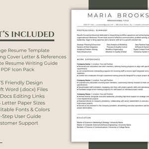 May include: A professional resume template document featuring the name Maria Brooks, a professional summary, work experience, and education sections, accompanied by a gold pen. The text includes What's Included, 1 & 2 Page Resume Template, Matching Cover Letter & References, Ultimate Resume Writing Guide, Bonus: PDF Icon Pack, 100% ATS Friendly Design, Microsoft Word (.docx) Files, Google Docs Editing Links, A4 & US Letter Paper Sizes, Fully Editable Fonts & Colors, Step-by-Step User Guide, and Free Customer Support.